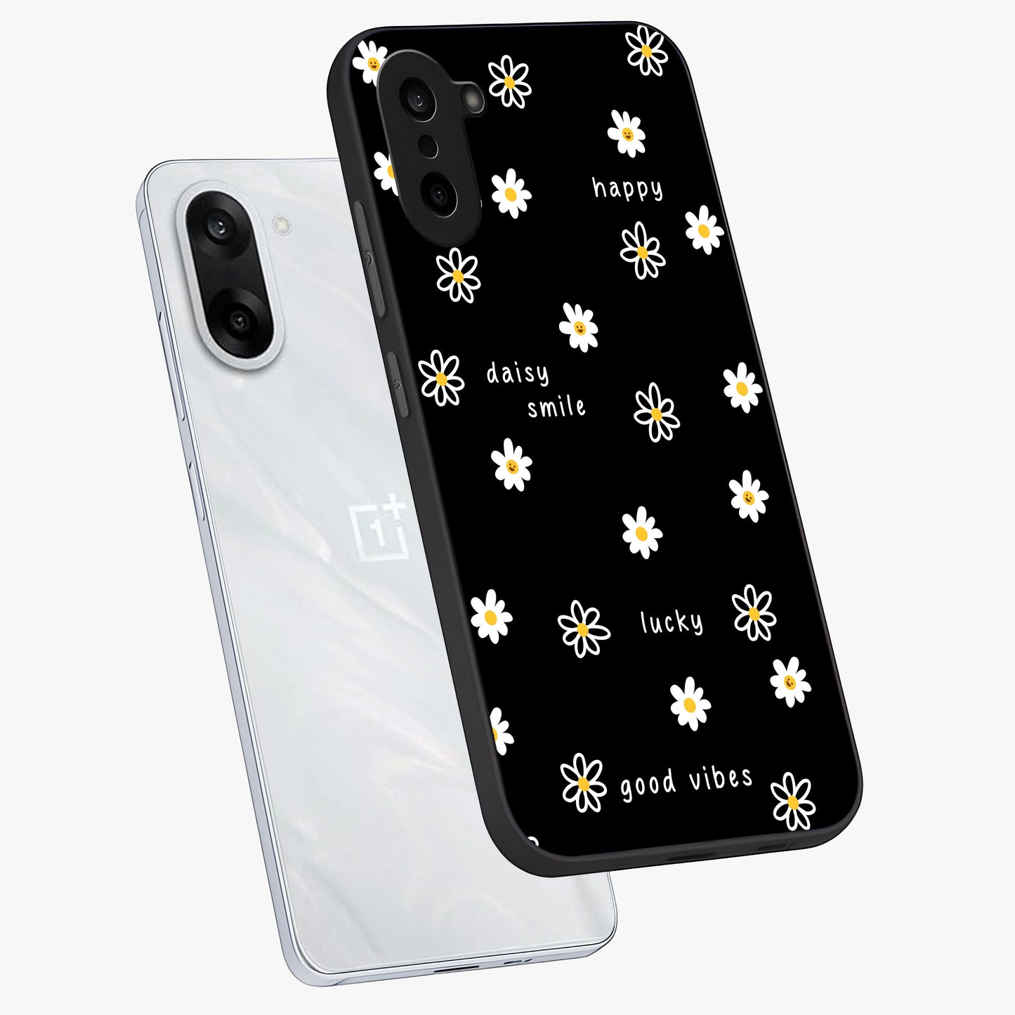 Good Vibes Daisy Black Pattern Glass Case for 1+Nord CE 5 angled mockup showcasing glossy finish and bold floral contrast