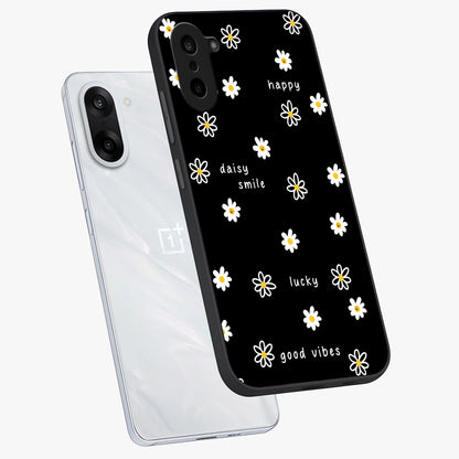 Good Vibes Daisy Black Pattern Glass Case for 1+Nord CE 5 angled mockup showcasing glossy finish and bold floral contrast