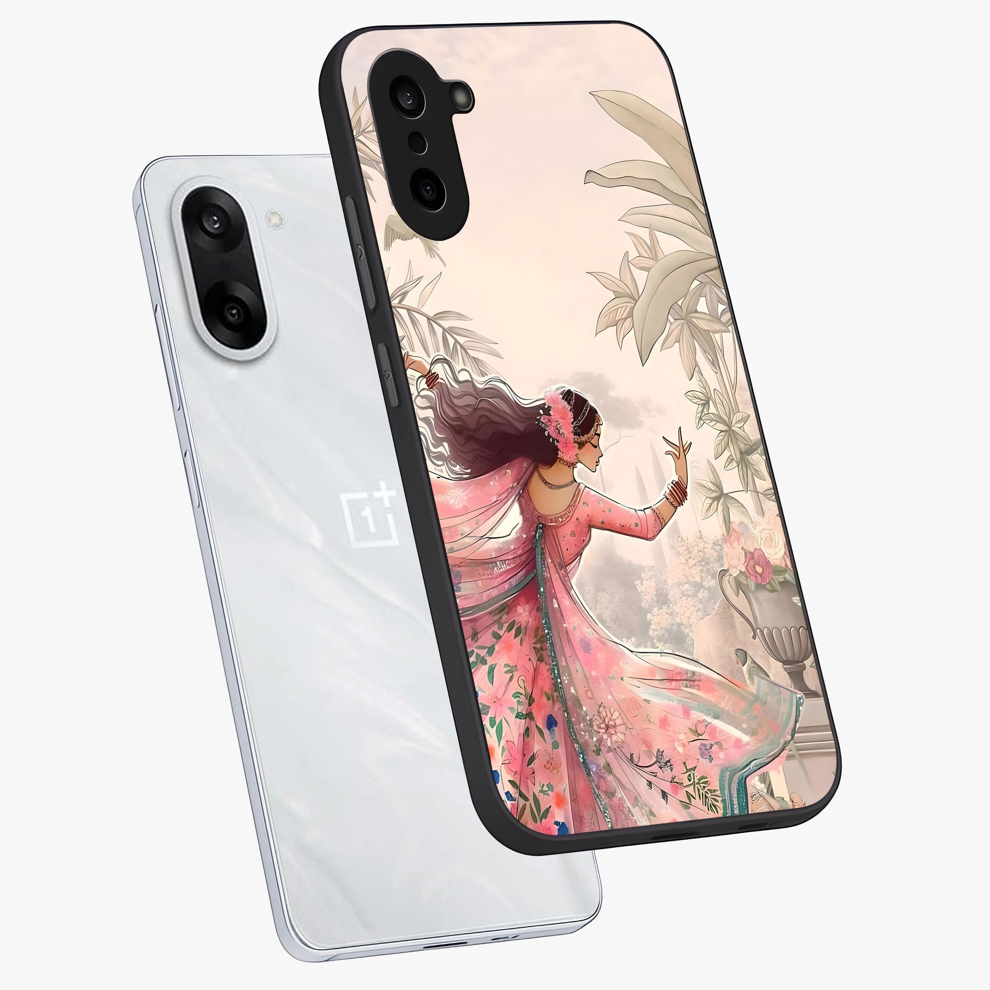 Graceful Garden Rhythm Glass Case for 1+Nord CE 5 angled mockup showcasing glossy glass finish and soft bloom detailing