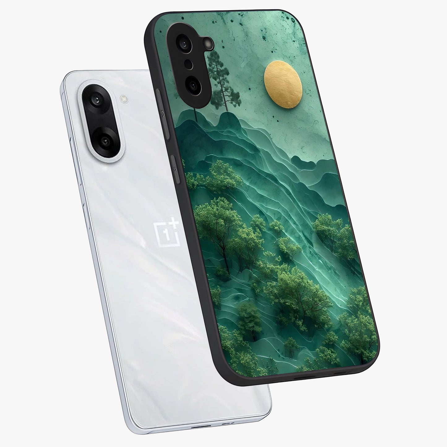 Green Hills With Sun Glass Case for 1+Nord CE 5 angled mockup showcasing glossy finish and natural gradient tones