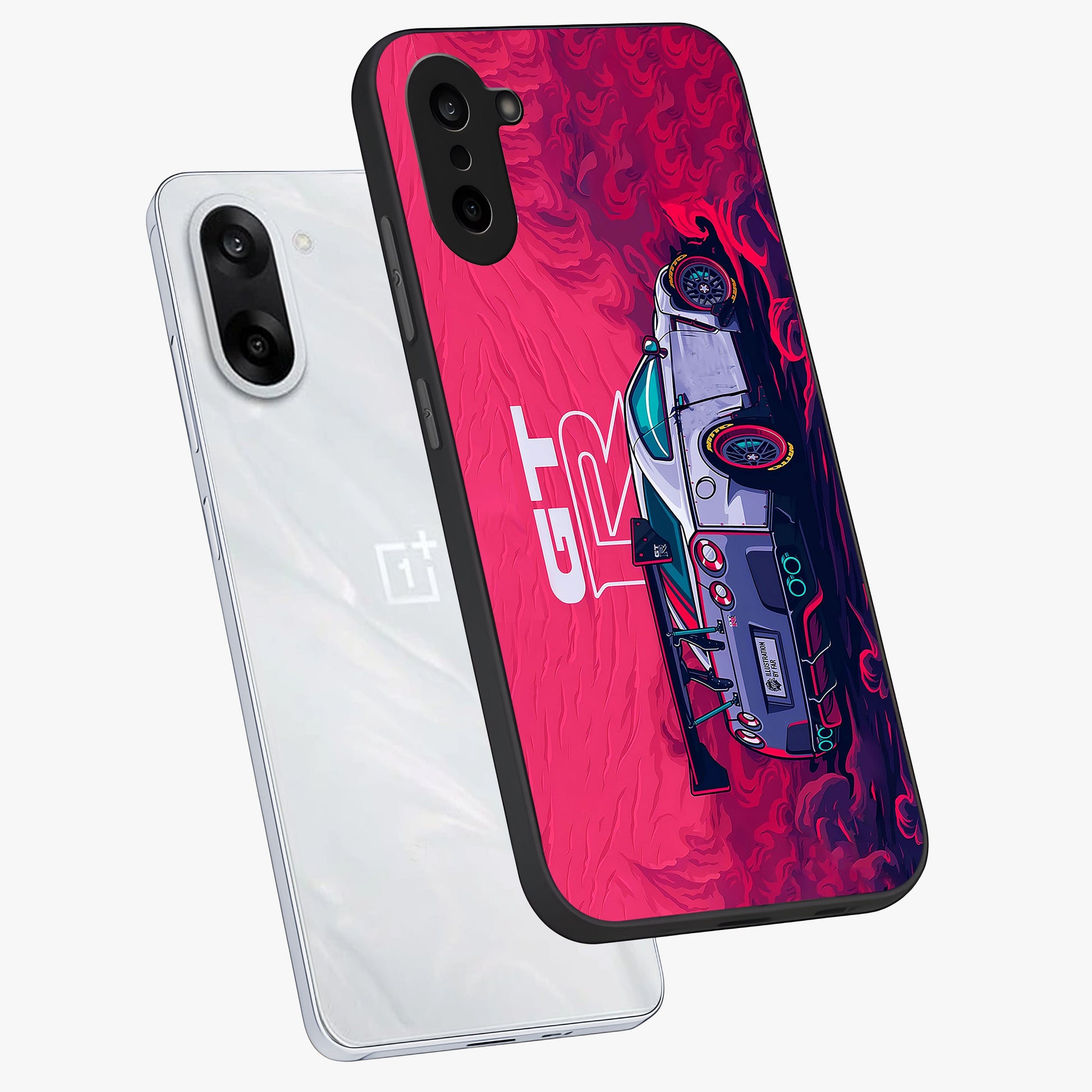 Gt R Car Pattern Glass Case for 1+Nord CE 5 angled mockup showcasing glossy finish and sporty detailing