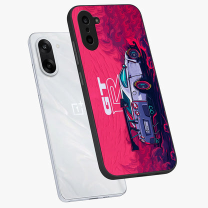 Gt R Car Pattern Glass Case for 1+Nord CE 5 angled mockup showcasing glossy finish and sporty detailing