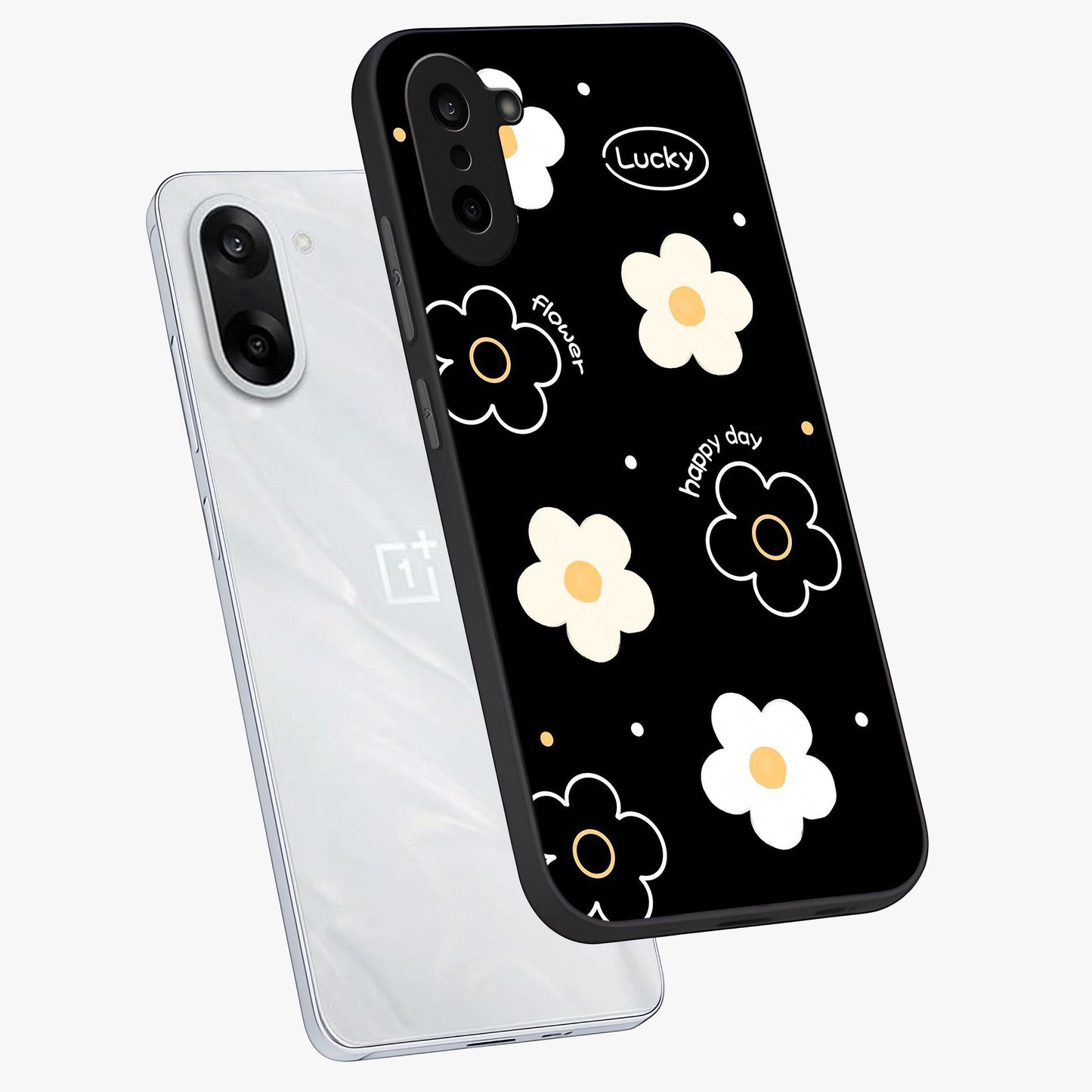 Happy Day Daisy Glass Case for 1+Nord CE 5 angled mockup showcasing glossy finish and vibrant bloom tones