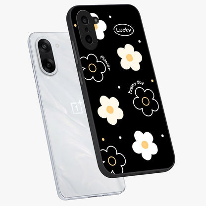 Happy Day Daisy Glass Case for 1+Nord CE 5 angled mockup showcasing glossy finish and vibrant bloom tones