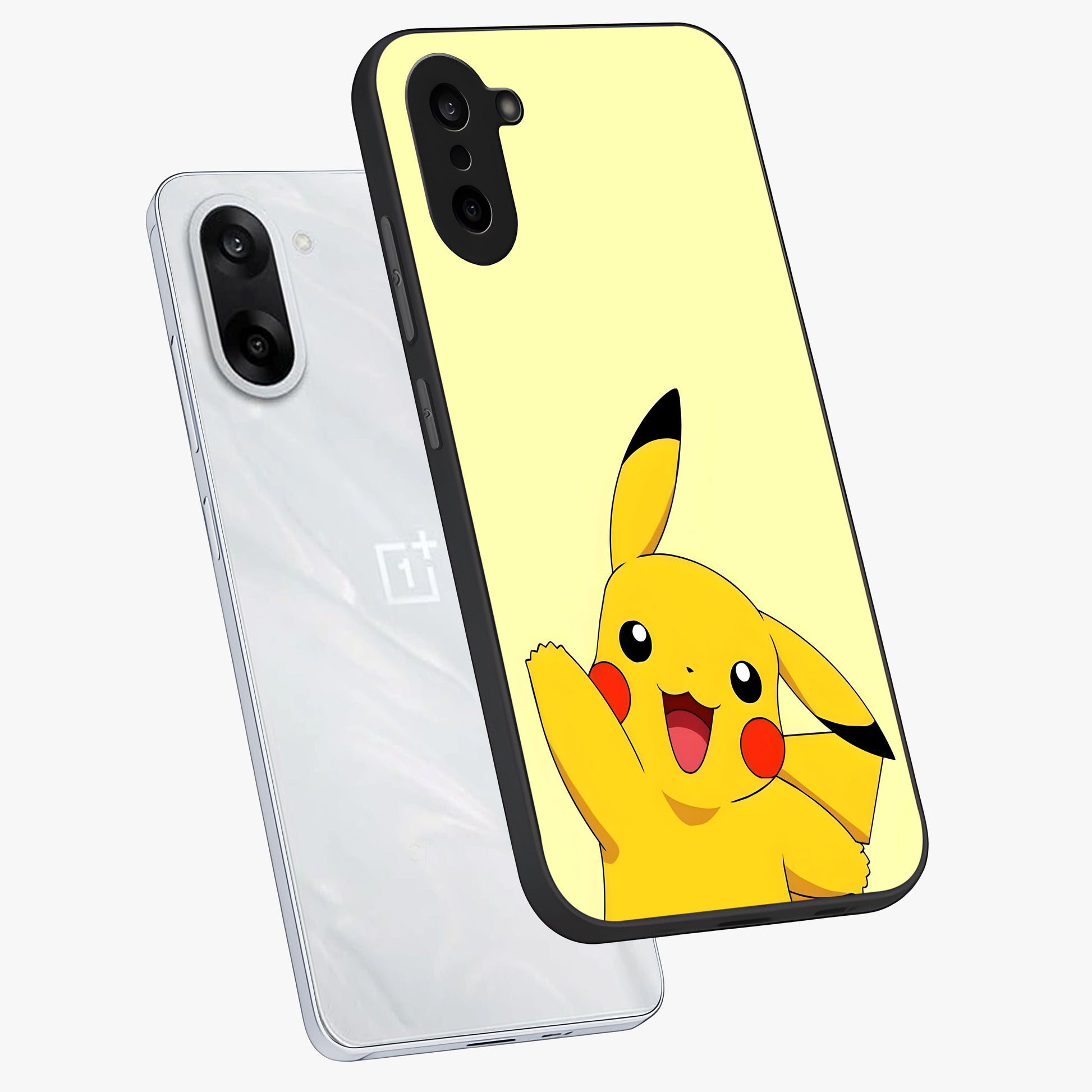 Happy Electric Pikachu Glass Case for 1+Nord CE 5 angled mockup showcasing glossy finish and vibrant yellow tones