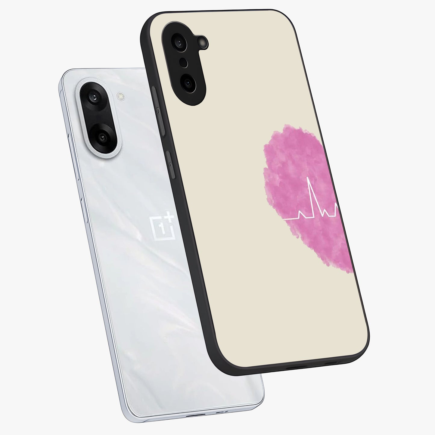 Heartbeat of Love Glass Case for 1+Nord CE 5 angled mockup showcasing glossy finish and warm red tones