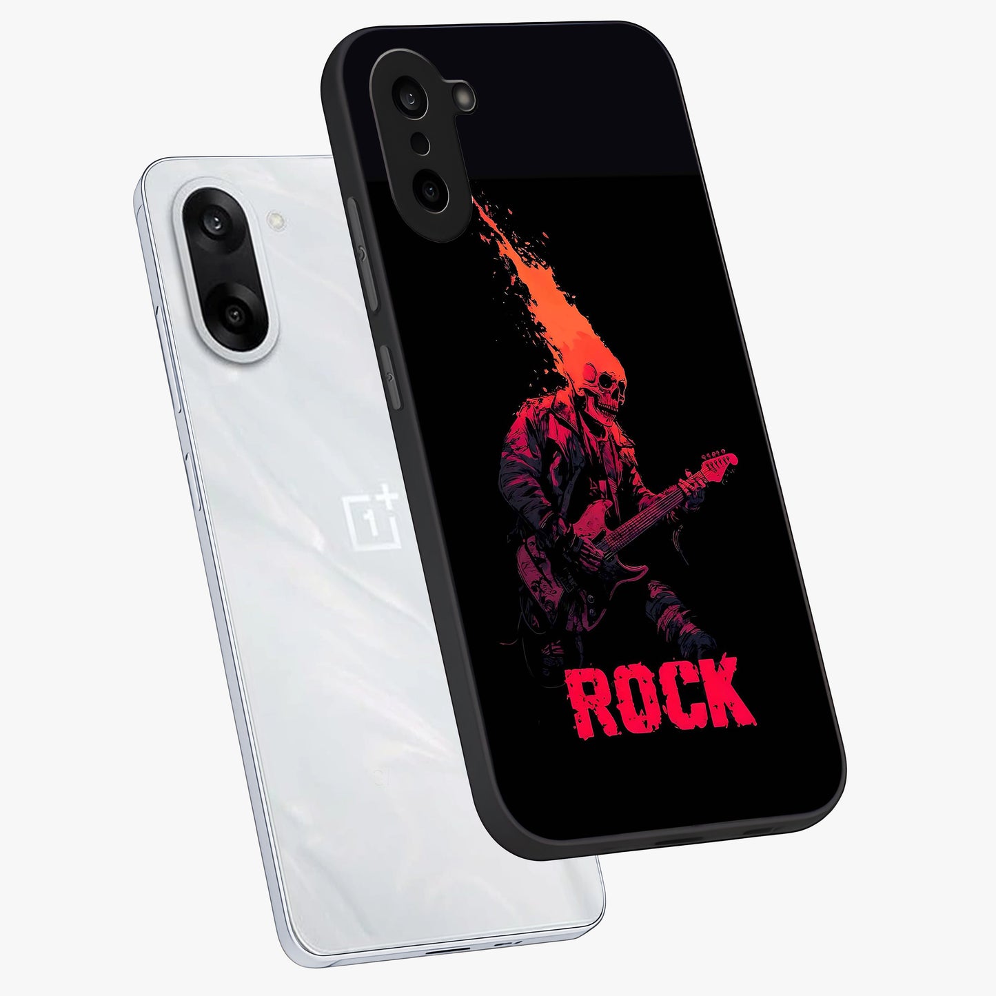 Hellfire Rock Anthem Glass Case for 1+Nord CE 5 captured at a warm angle highlighting bold flame tones, gloss, and edge clarity.