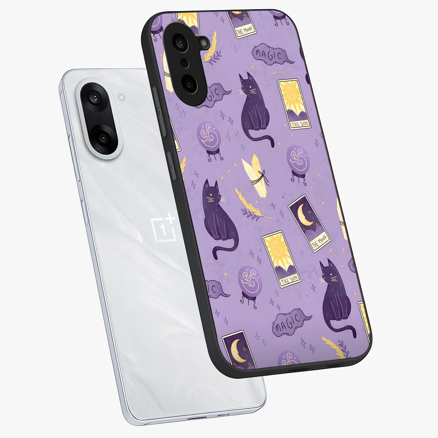 Humble Magic Cats Glass Case for 1+Nord CE 5 captured at a warm angle highlighting playful magical details, gloss, and edge clarity.
