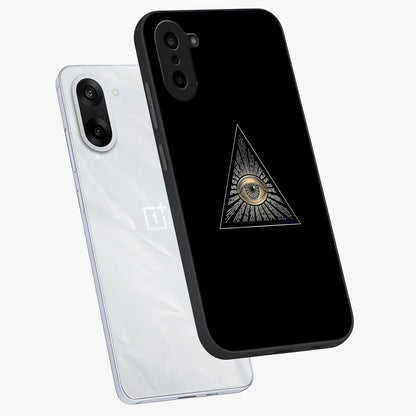 Illuminati Evil Glass Case for 1+Nord CE 5 captured at a warm angle highlighting sharp graphic details, gloss, and edge clarity.