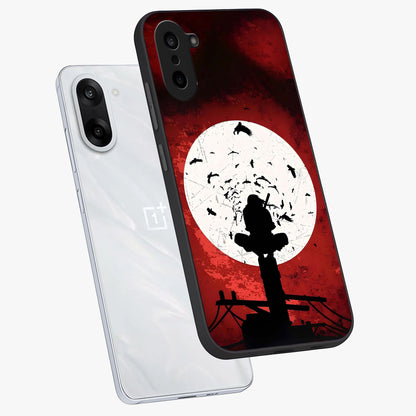 Itachi Limited Edition Naruto Anime Case Glass Case for 1+Nord CE 5 angled mockup showcasing glossy glass finish and dramatic red tones