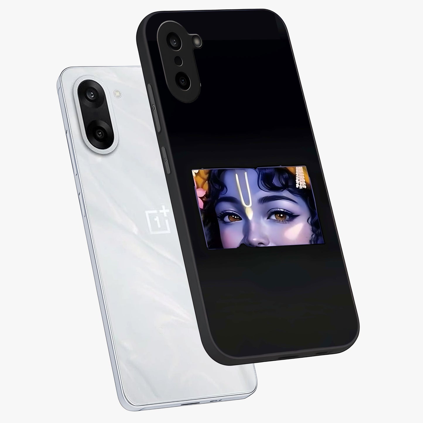 Krishna Divine Embrace Glass Case for 1+Nord CE 5 angled mockup showcasing glossy finish and vibrant spiritual tones