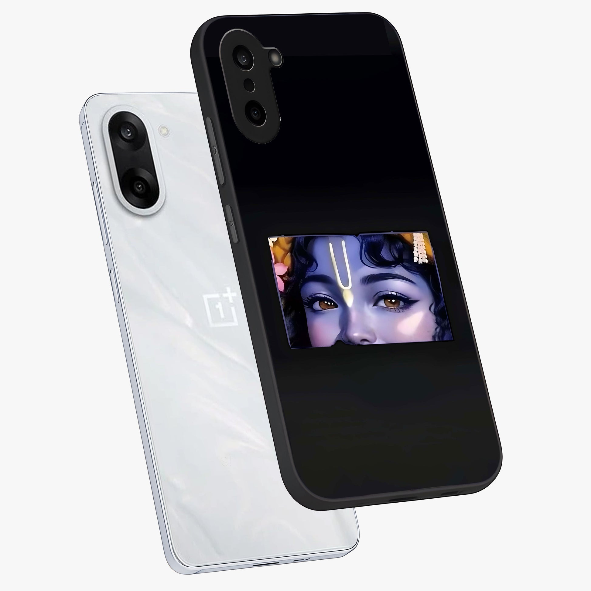 Krishna Divine Embrace Glass Case for 1+Nord CE 5 angled mockup showcasing glossy finish and vibrant spiritual tones