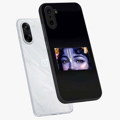 Krishna Divine Embrace Glass Case for 1+Nord CE 5 angled mockup showcasing glossy finish and vibrant spiritual tones