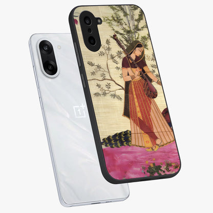 Lady With Veena Art Glass Case for 1+Nord CE 5 angled mockup showcasing glossy finish and refined artistic detailing