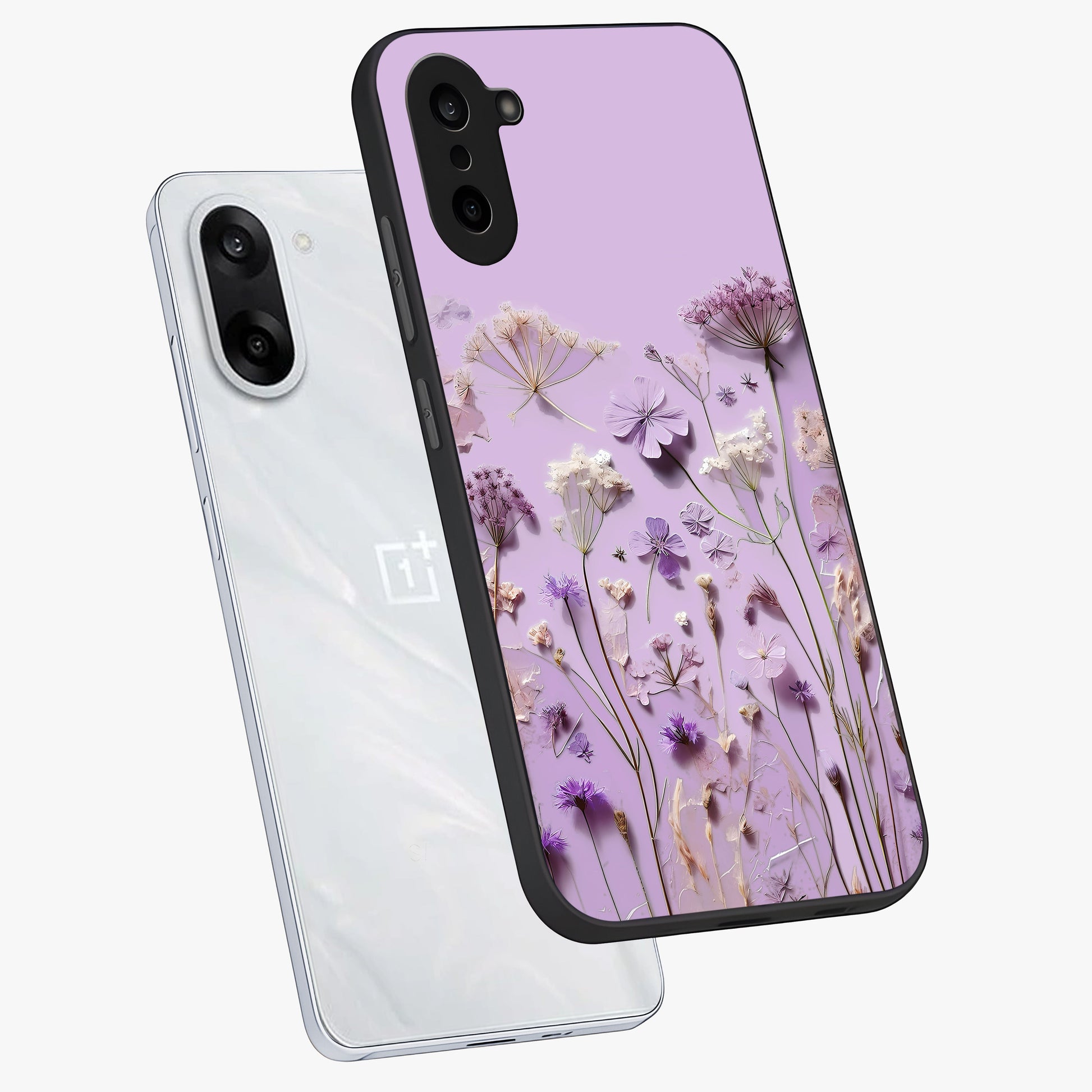 Lavender Blossom Dream Glass Case for 1+Nord CE 5 angled mockup showcasing glossy finish and pastel purple tones