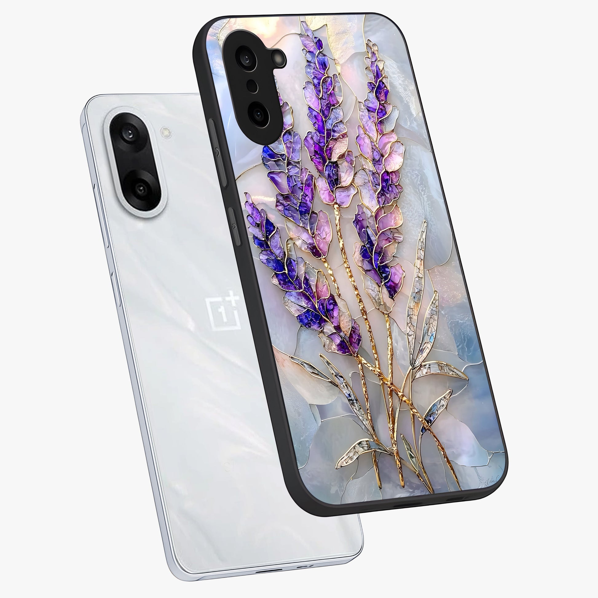 Lavender Dream Glow Glass Case for 1+Nord CE 5 angled mockup showcasing glossy finish and luminous purple gradients