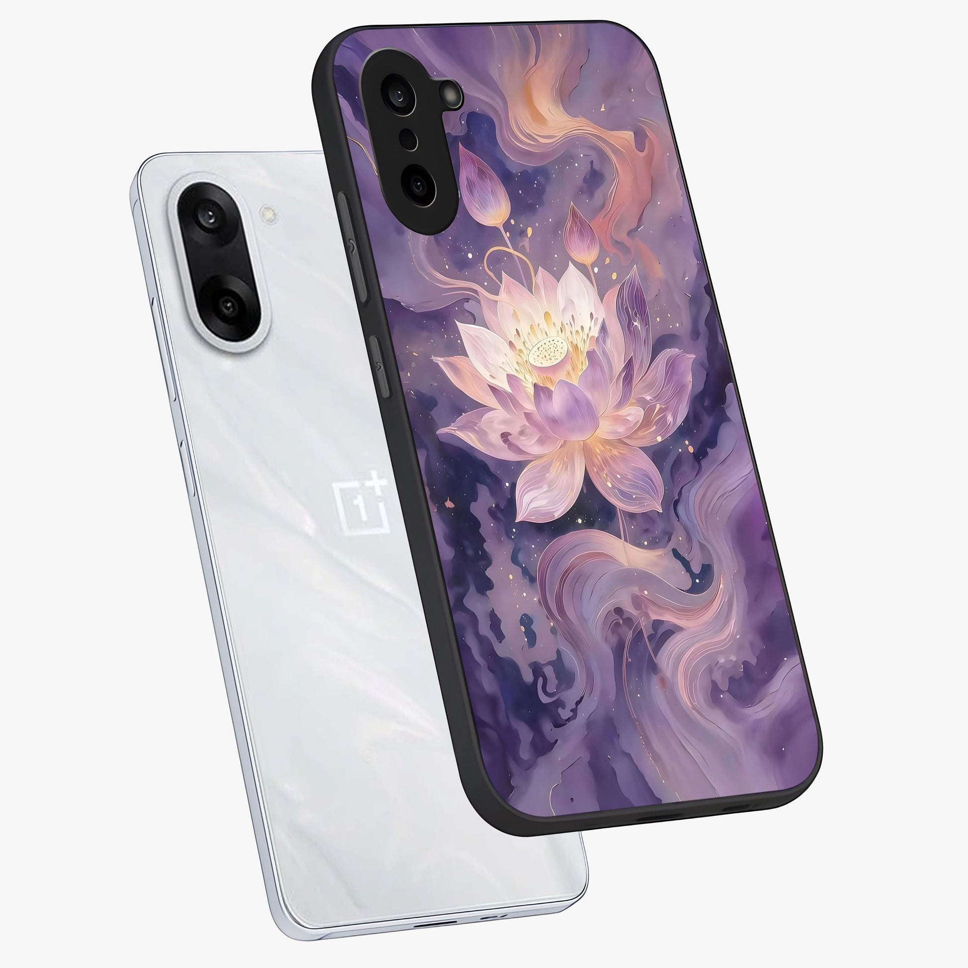 Lavender Lotus Muse Glass Case for 1+Nord CE 5 angled mockup showcasing glossy finish and refined floral detailing