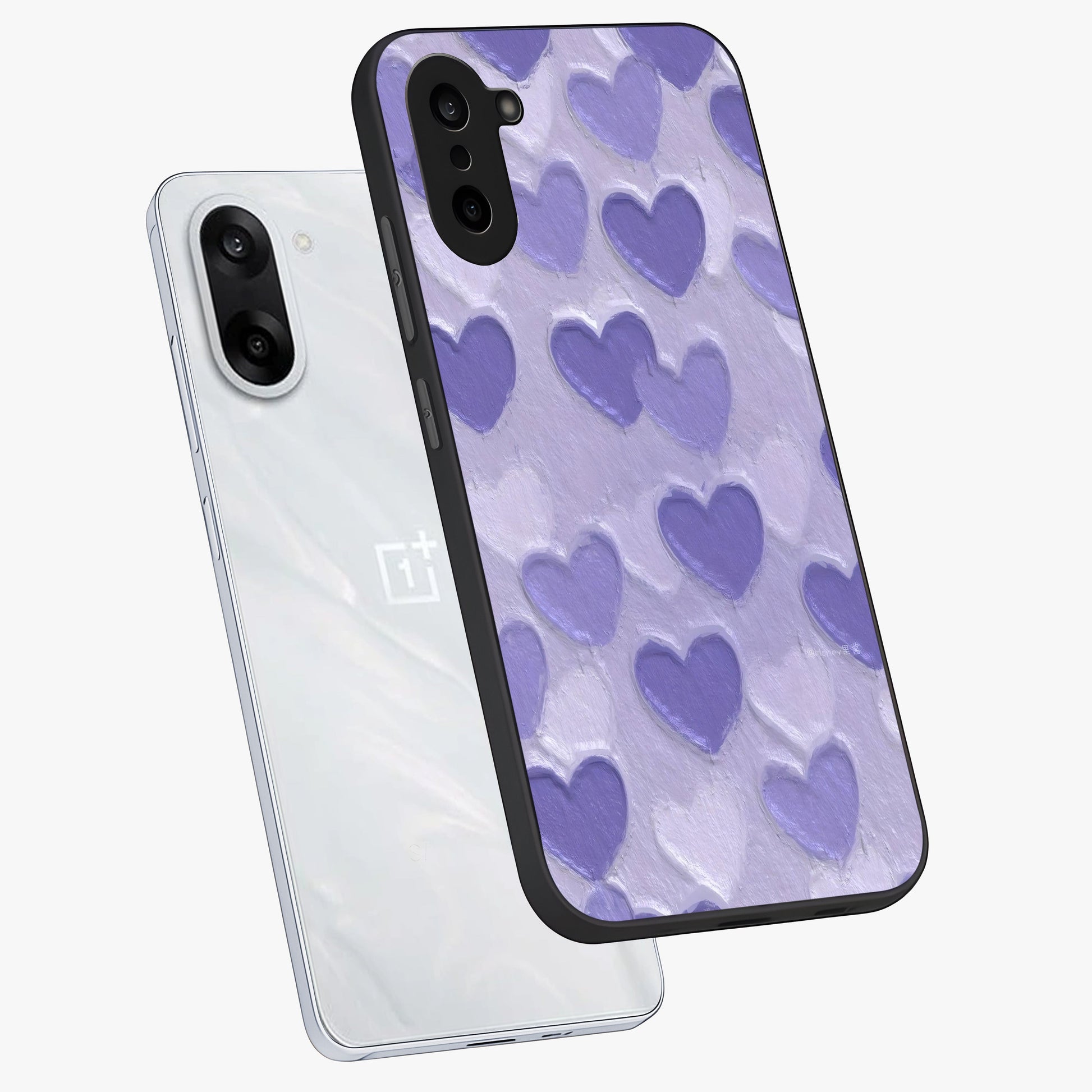 Lavender Paper Hearts Glass Case for 1+Nord CE 5 angled mockup showcasing glossy finish and playful pastel detailing