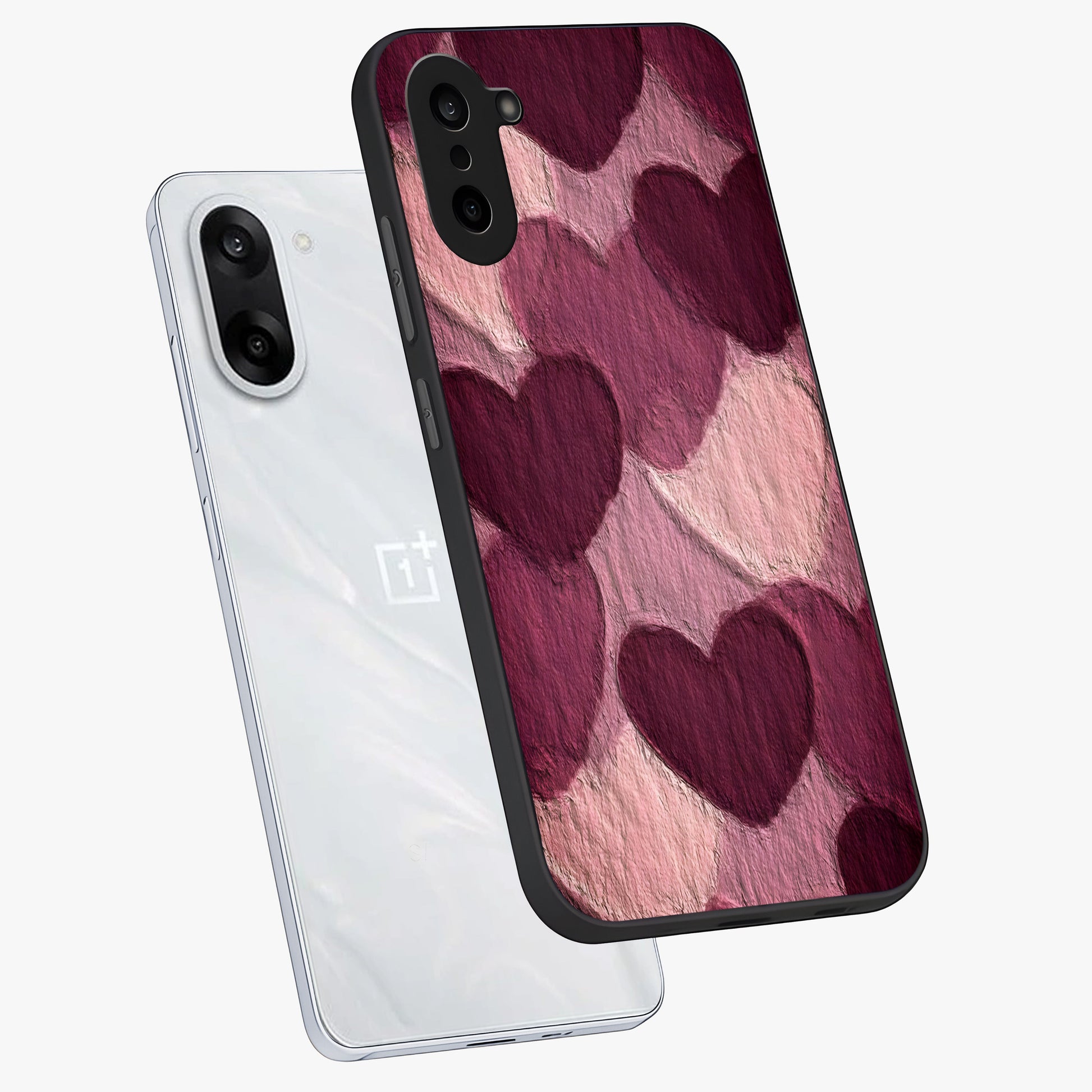 Layered Paper Hearts Glass Case for 1+Nord CE 5 angled mockup showcasing glossy finish and soft romantic tones