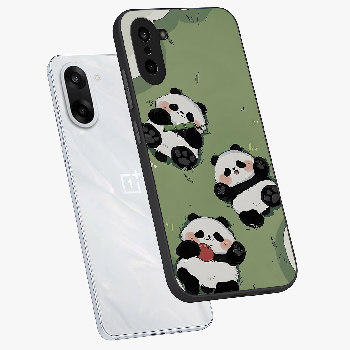 Lazy Panda Picnic Glass Case for 1+Nord CE 5 angled mockup showcasing glossy finish and vibrant cartoon detailing