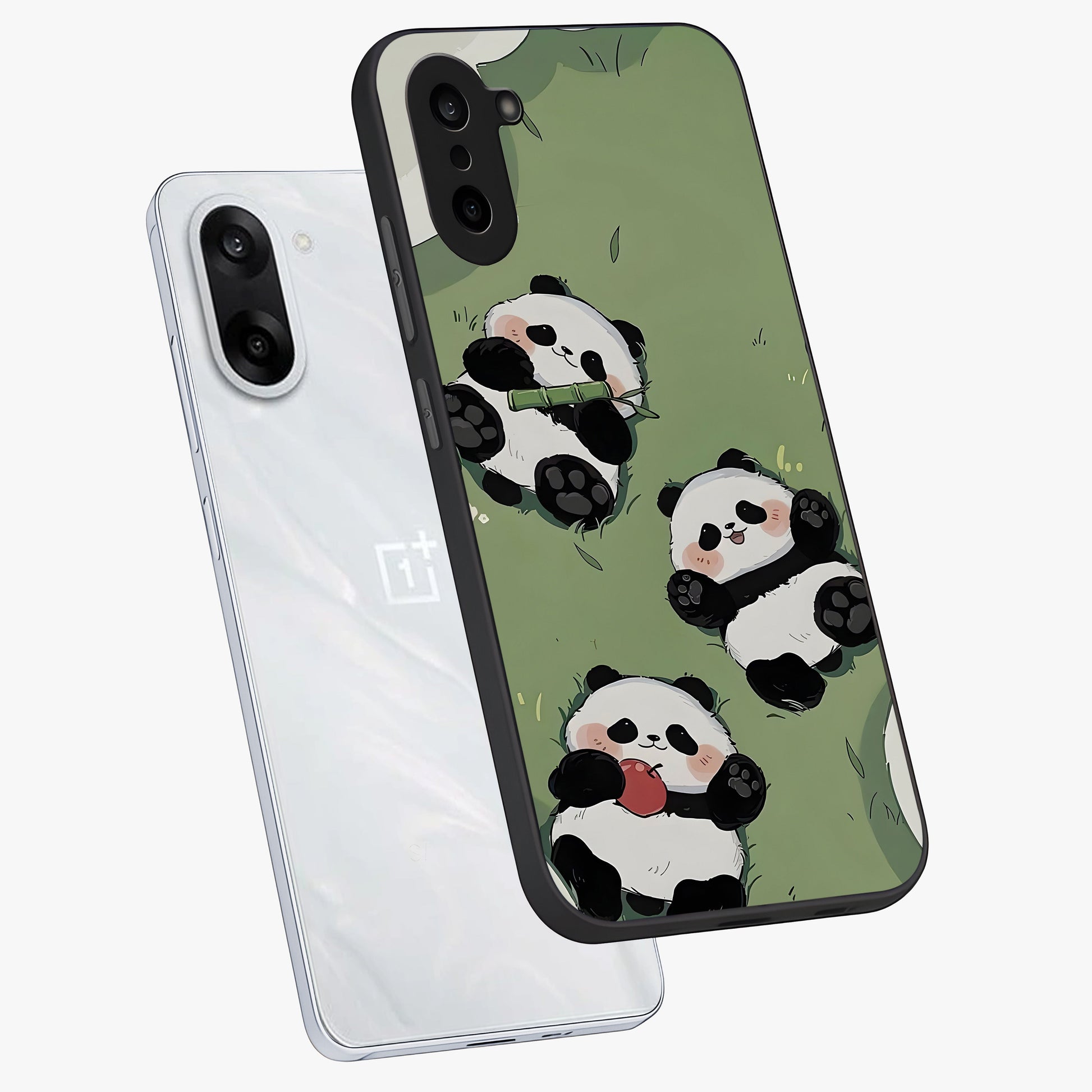 Lazy Panda Picnic Glass Case for 1+Nord CE 5 angled mockup showcasing glossy finish and vibrant cartoon detailing