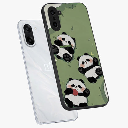 Lazy Panda Picnic Glass Case for 1+Nord CE 5 angled mockup showcasing glossy finish and vibrant cartoon detailing