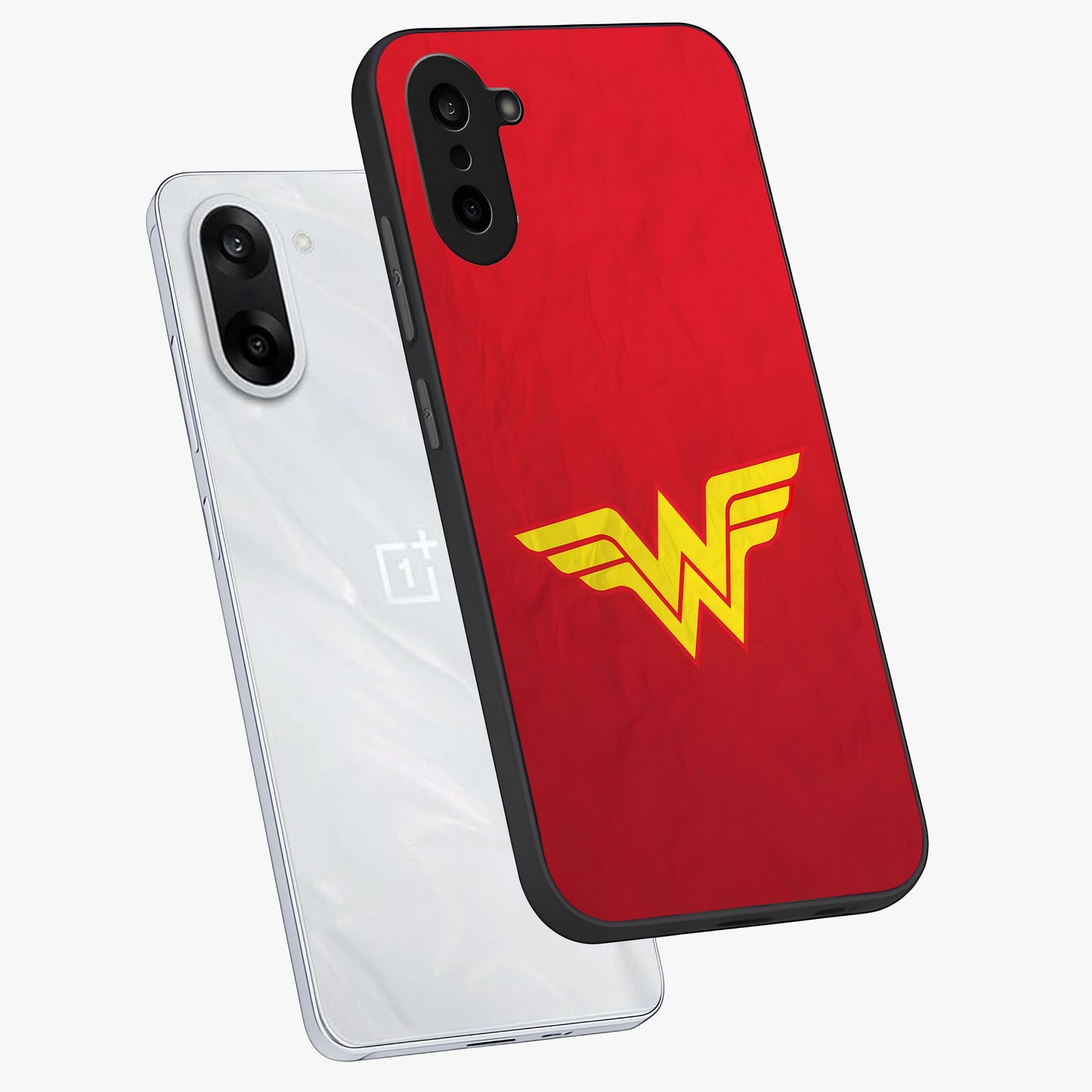 Legendary Wonder Power Glass Case for 1+Nord CE 5 angled mockup showcasing glossy finish and vibrant power tones