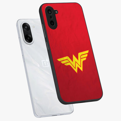 Legendary Wonder Power Glass Case for 1+Nord CE 5 angled mockup showcasing glossy finish and vibrant power tones