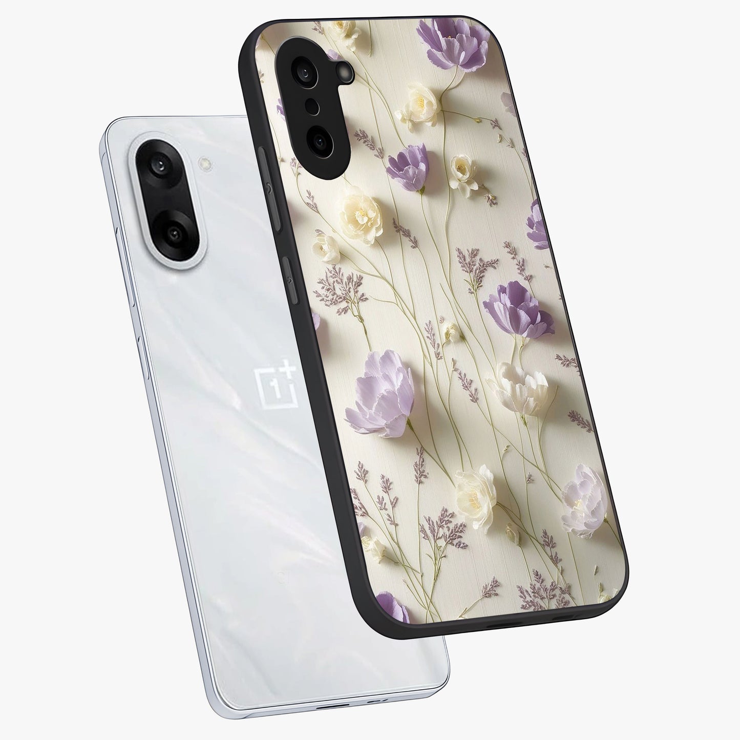 Lilac Breeze Harmony Glass Case for 1+Nord CE 5 angled mockup showcasing glossy finish and pastel purple tones