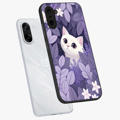 Lilac Hide Peek Cat Glass Case for 1+Nord CE 5 angled mockup showcasing glossy finish and cute character detailing
