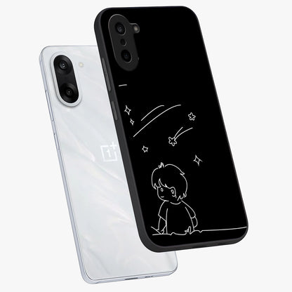 Line Art Boy With Shooting Stars Glass Case for 1+Nord CE 5 angled mockup showcasing glossy finish and clean monochrome detailing