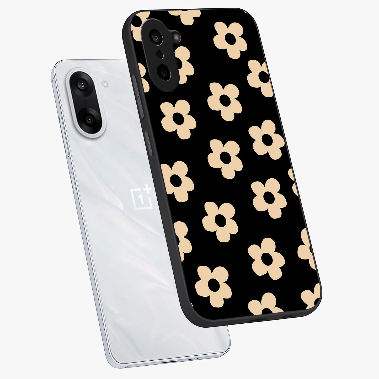Little Daisy Flower Retro Pattern Glass Case for 1+Nord CE 5 angled mockup showcasing glossy finish and vintage bloom tones