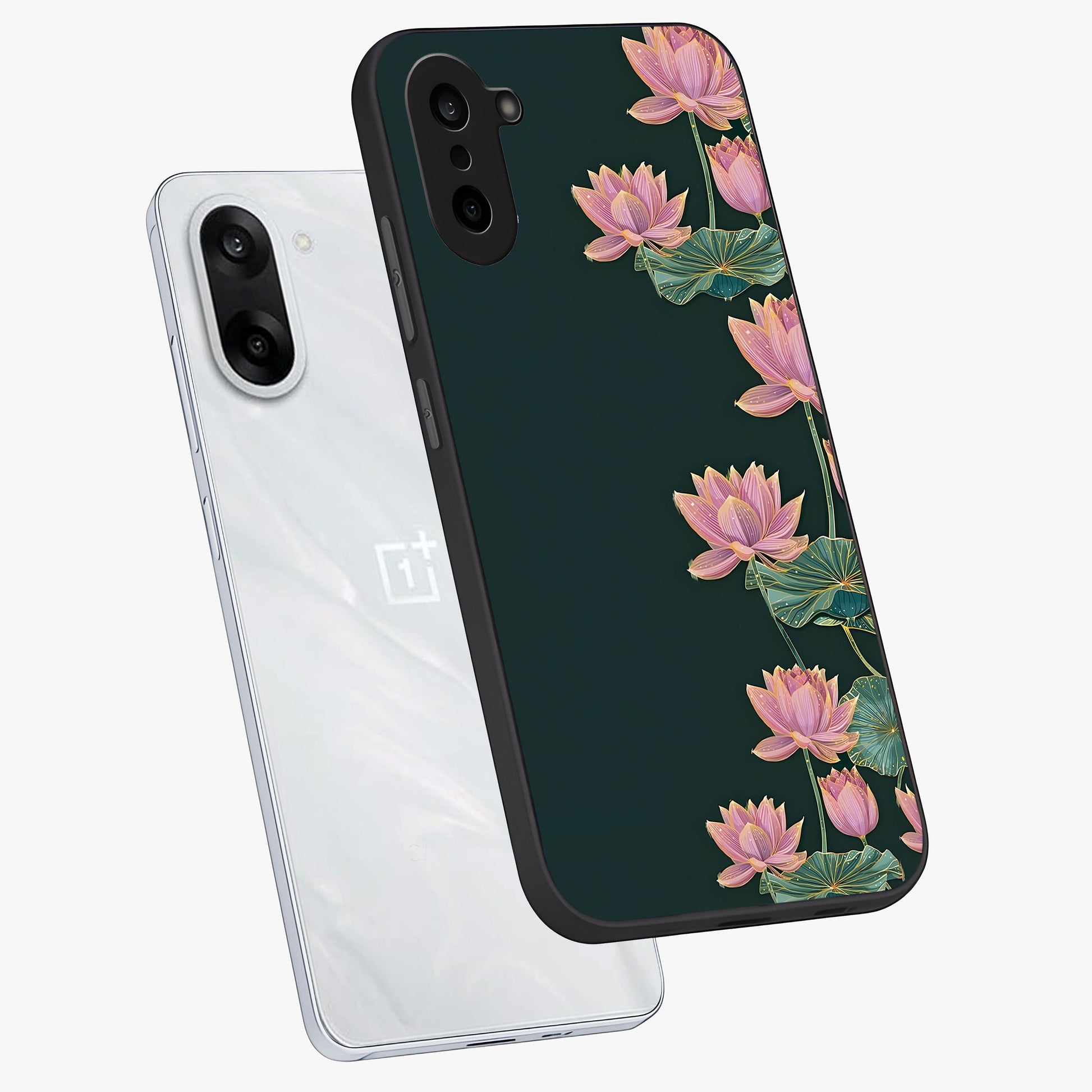 Lotus Bloom Serenity Glass Case for 1+Nord CE 5 angled mockup showcasing glossy glass finish and calming tones