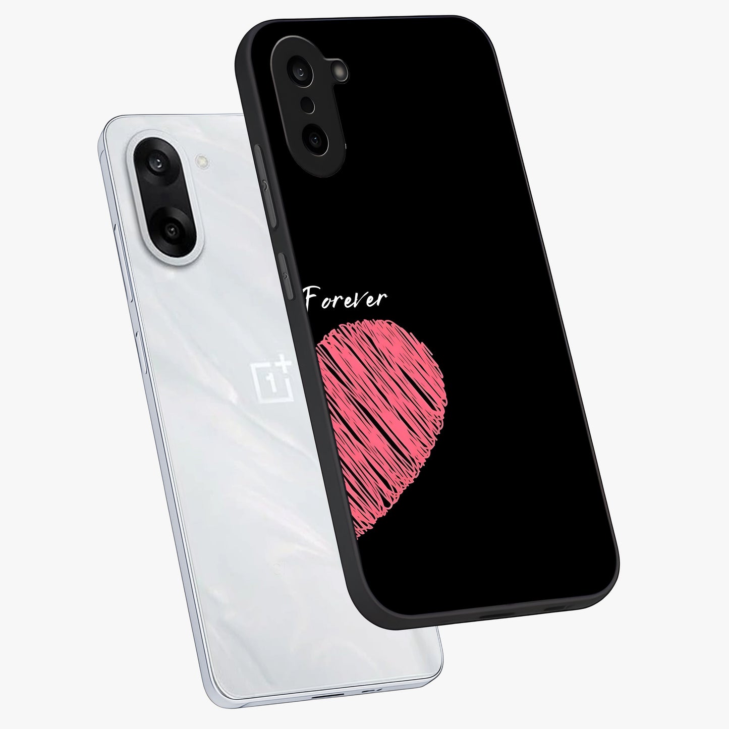 Love Forever Together Right Glass Case for 1+Nord CE 5 angled mockup showcasing glossy finish and warm aesthetic tones