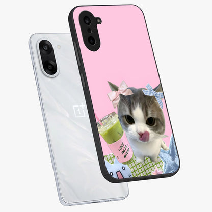 Love Matcha Cat Glass Case for 1+Nord CE 5 angled mockup showcasing glossy finish and playful pastel tones