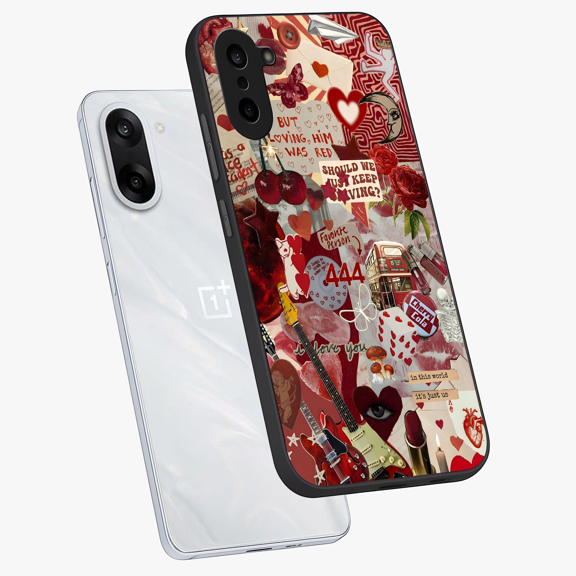 Lover’S Red Chaos Glass Case for 1+Nord CE 5 angled mockup showcasing glossy finish and dramatic crimson tones