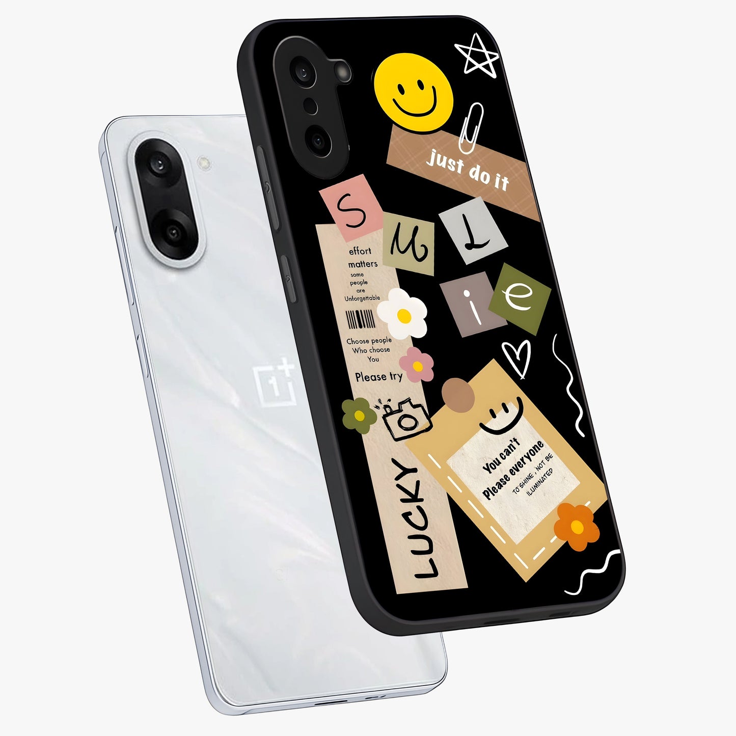 Lucky Aesthetic Collage Case Glass Case for 1+Nord CE 5 angled mockup showcasing glossy finish and colorful textures