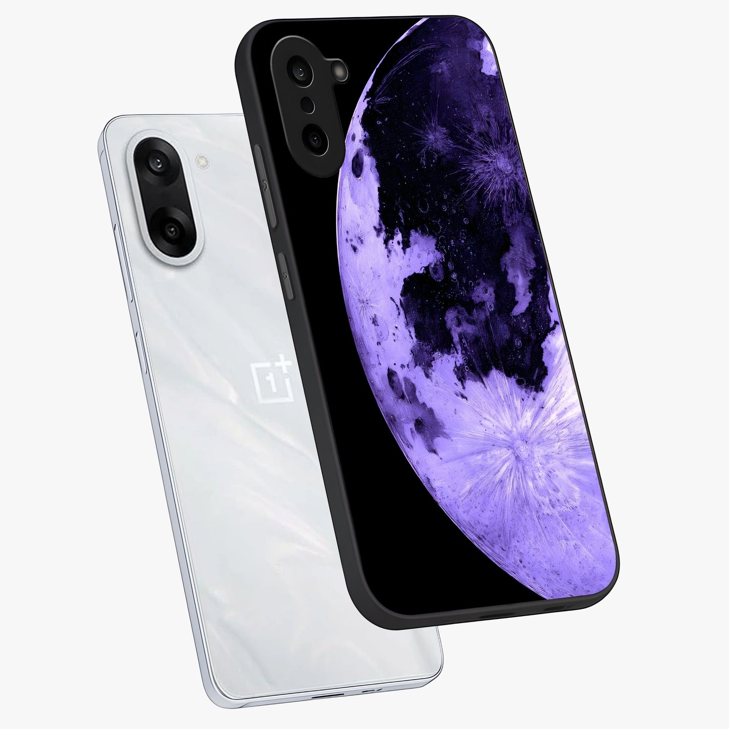 Lunar Glow in Violet Glass Case for 1+Nord CE 5 angled mockup showcasing glossy finish and soft purple gradients
