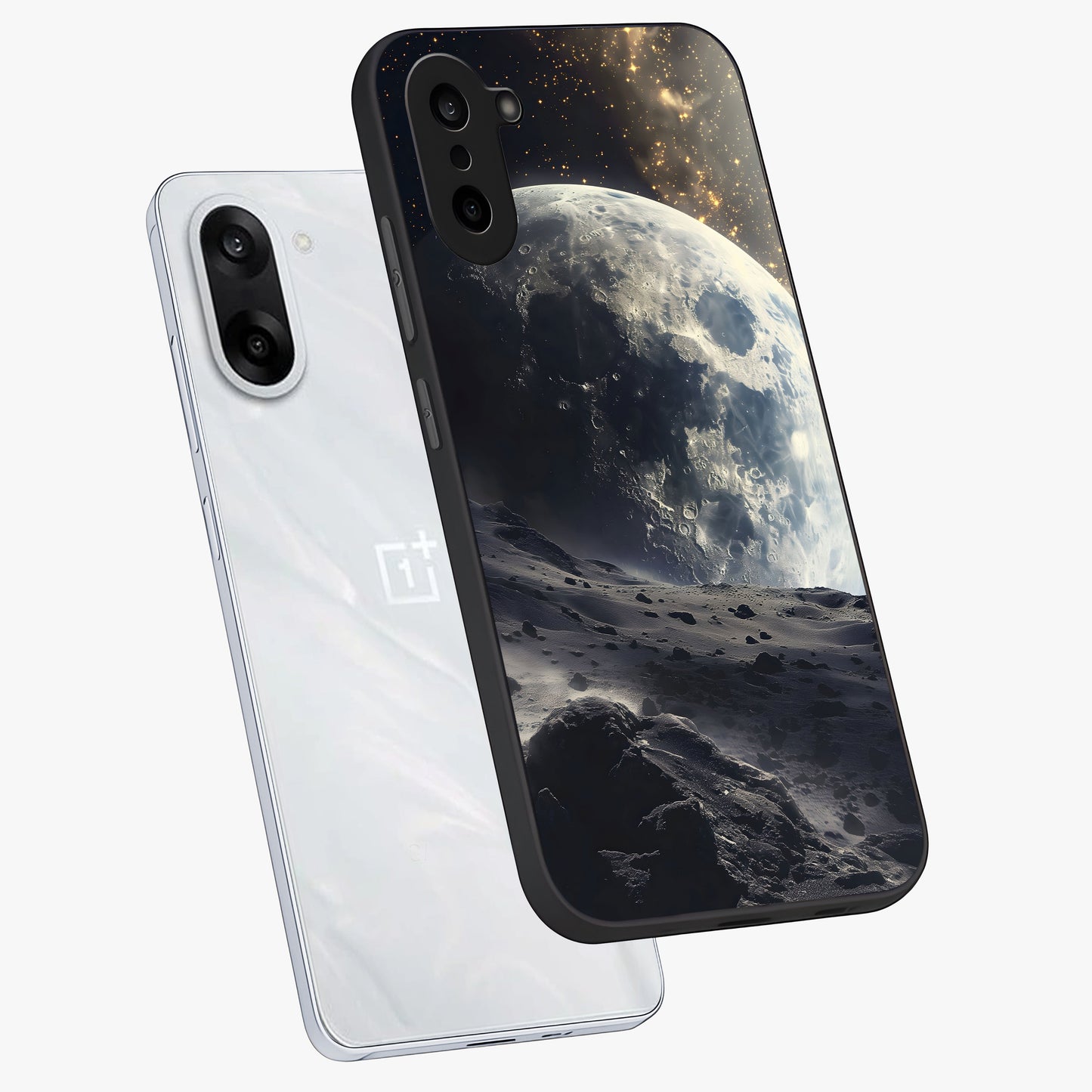 Lunar Horizon Glow Glass Case for 1+Nord CE 5 angled mockup showcasing glossy finish and warm night tones