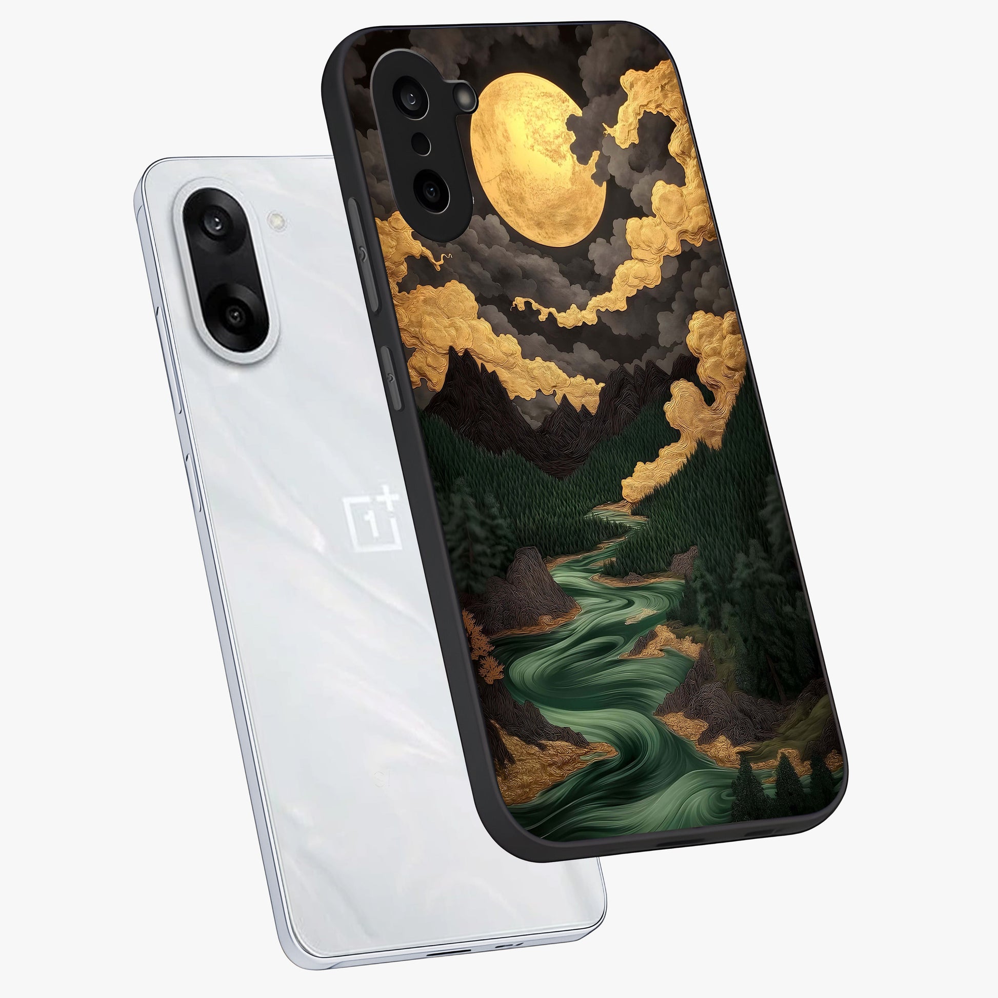 Lunar Silk Garden Glass Case for 1+Nord CE 5 angled mockup showcasing glossy glass finish and silky gradient textures