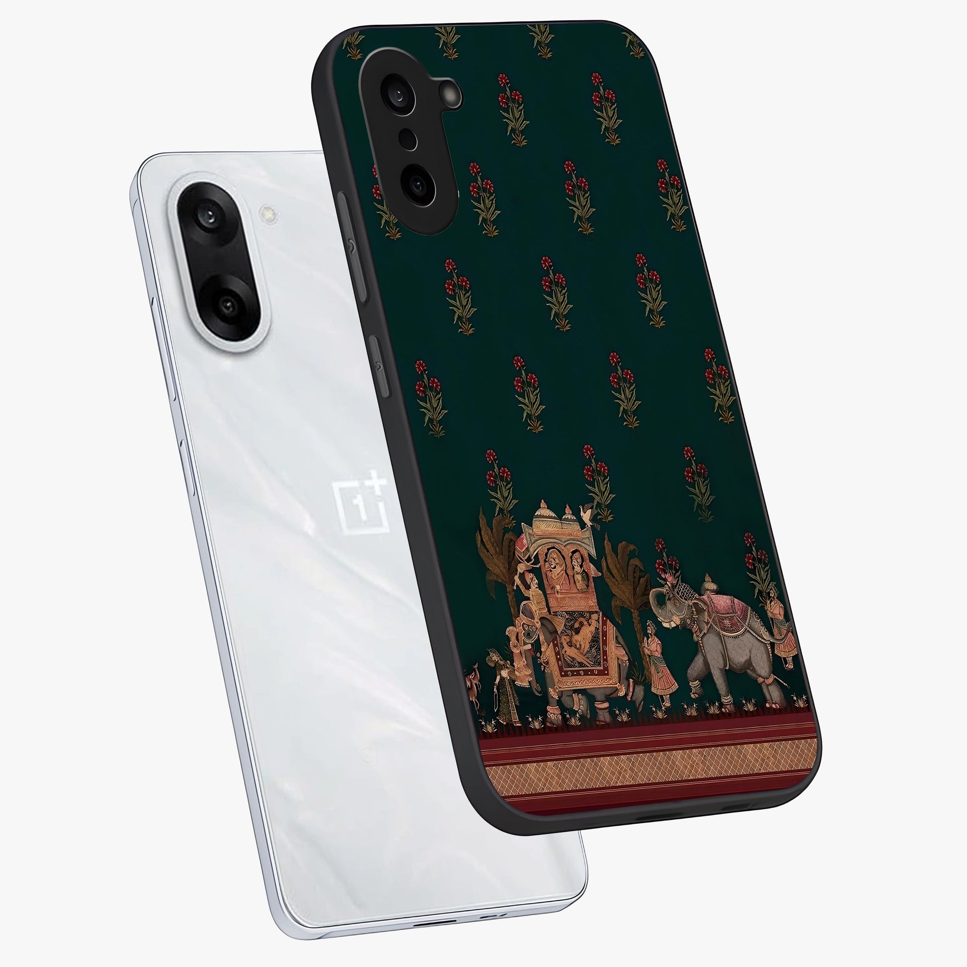 Macmerise Glass Case for 1+Nord CE 5 angled mockup showcasing glossy finish and vibrant design tones