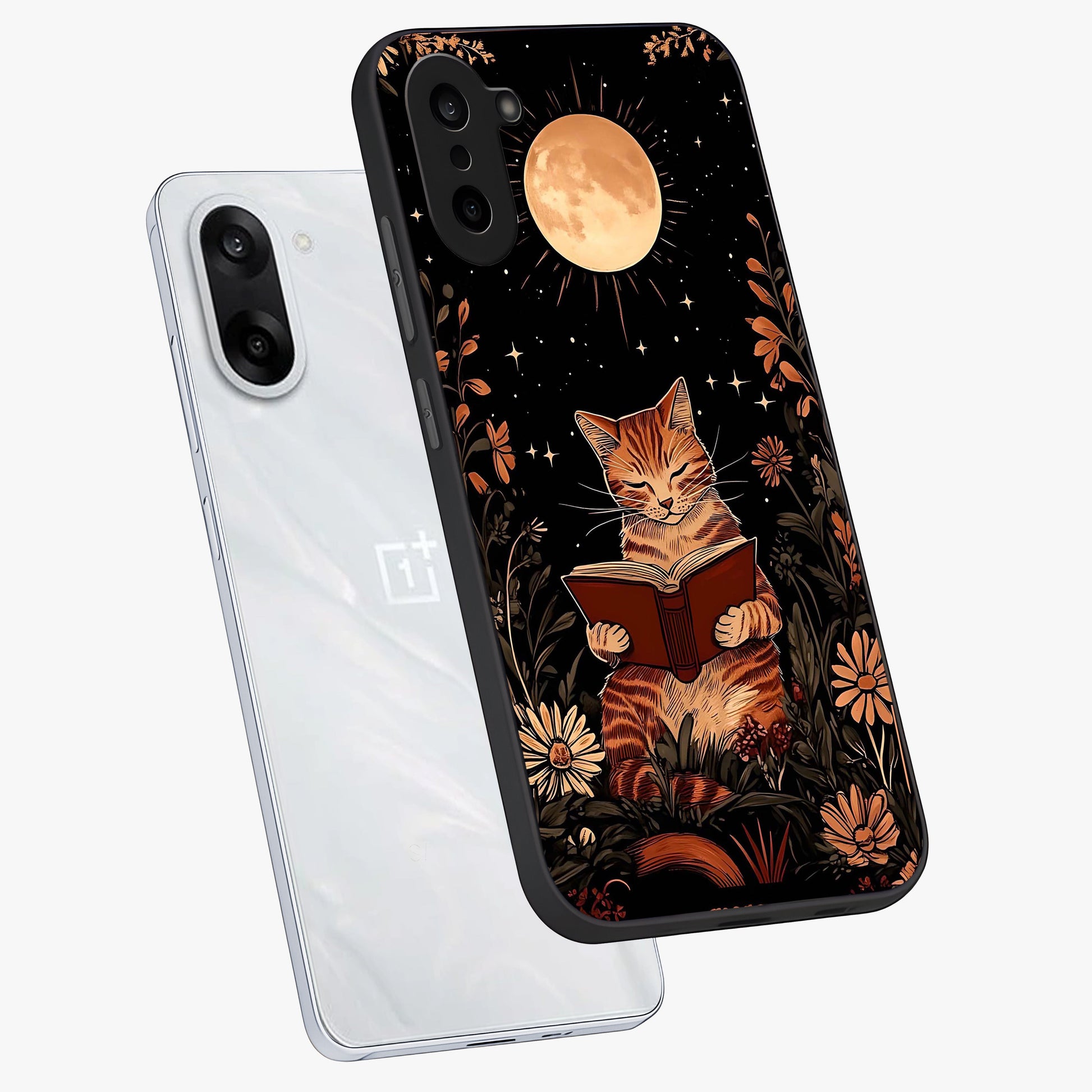 Magical Cat Chronicle Glass Case for 1+Nord CE 5 angled mockup showcasing glossy finish and vibrant design tones