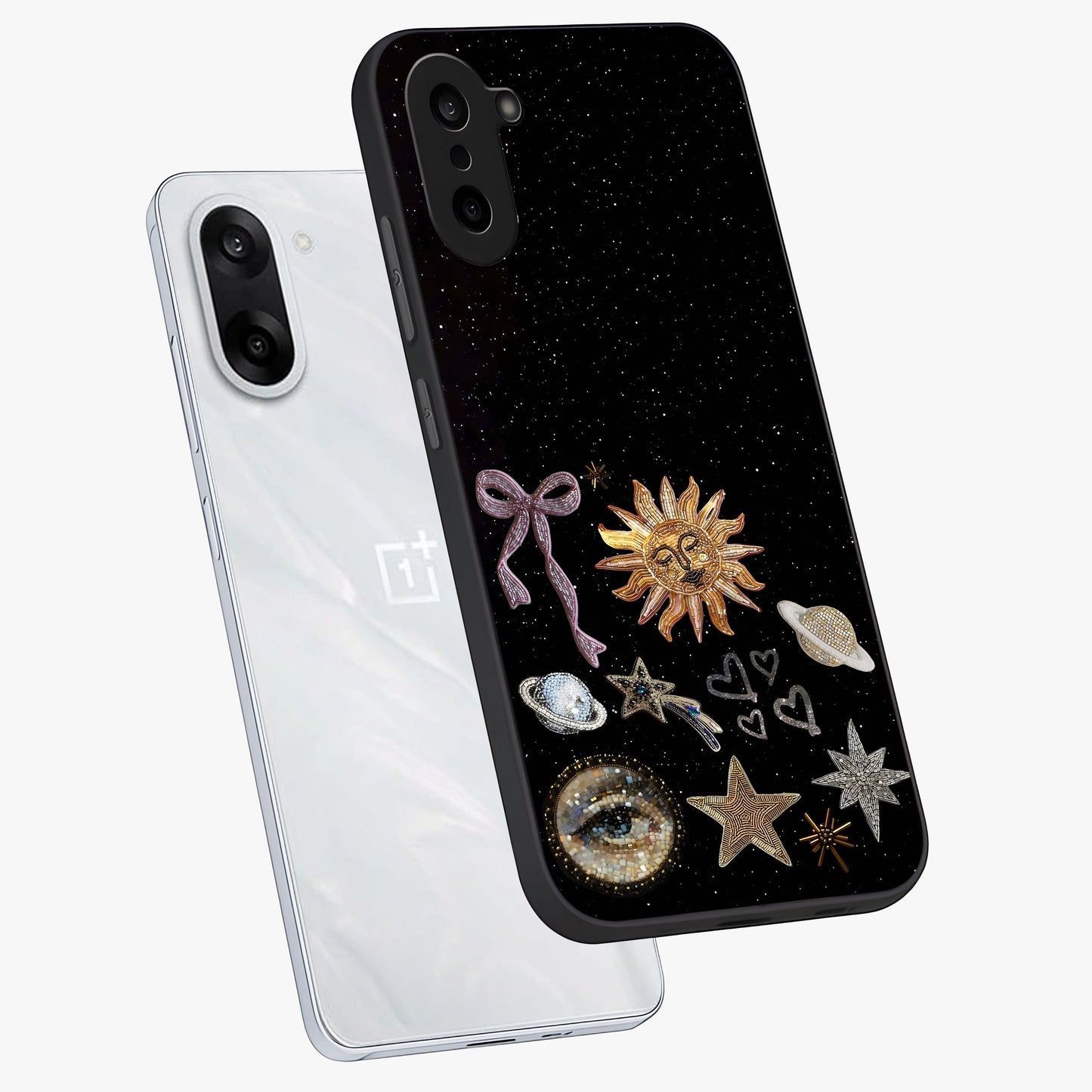 Magical Jewelry Vibe Glass Case for 1+Nord CE 5 angled mockup showcasing glossy finish and sparkling detailing