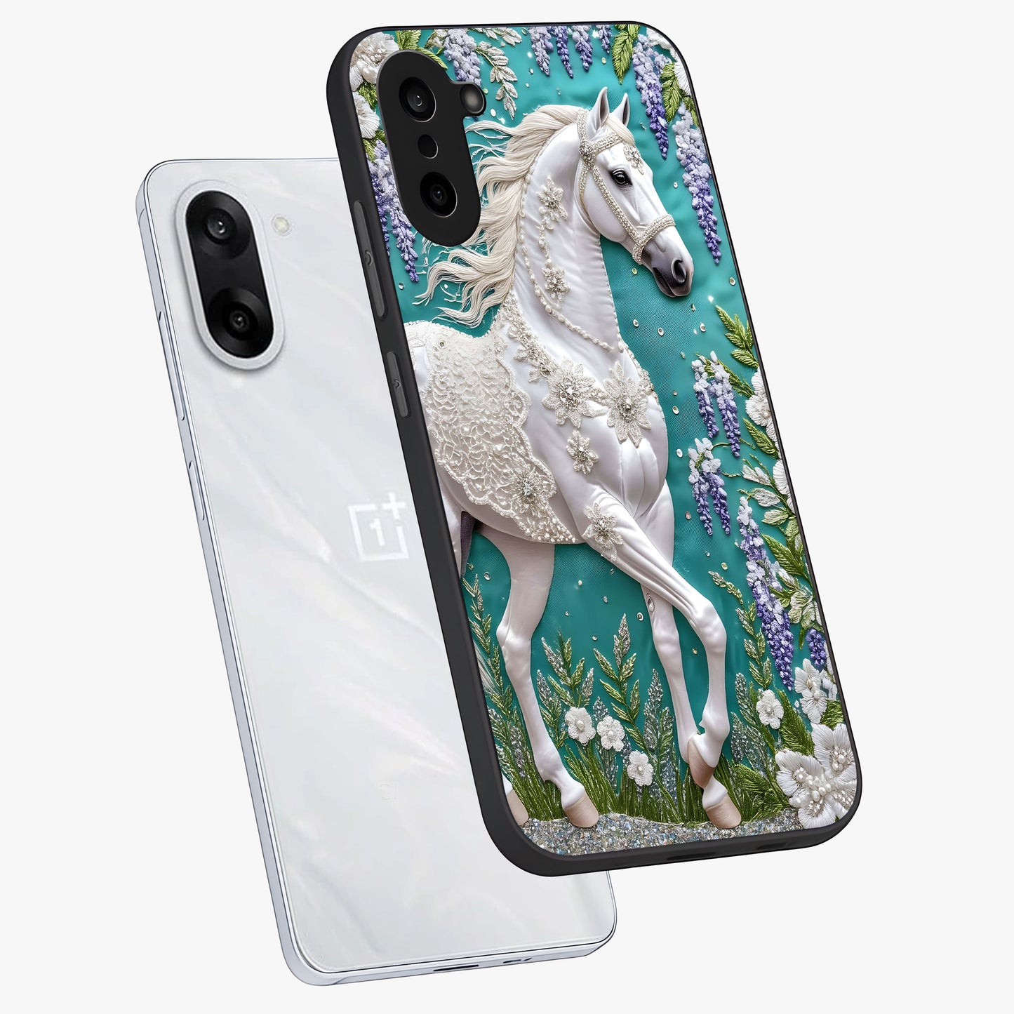 Majestic Floral Stallion Glass Case for 1+Nord CE 5 angled mockup showcasing glossy finish and vibrant artistic tones