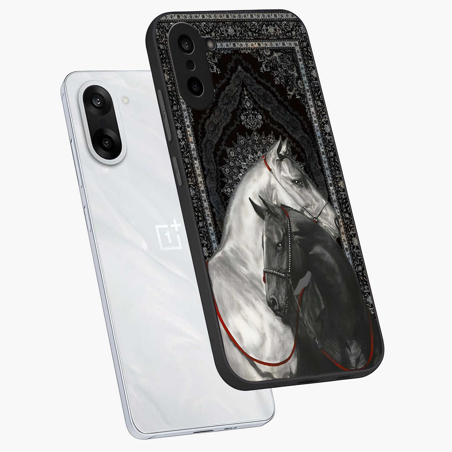 Majestic Ride Legacy Glass Case for 1+Nord CE 5 angled mockup showcasing glossy finish and strong graphic detailing