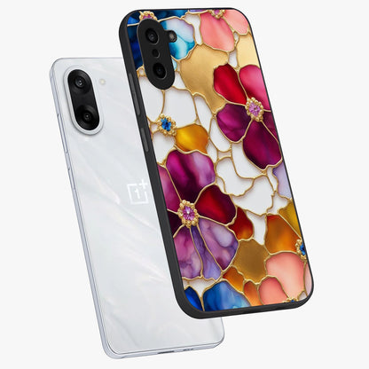 Marble Flower Pattern Glass Case for 1+Nord CE 5 angled mockup showcasing glossy finish and detailed bloom accents