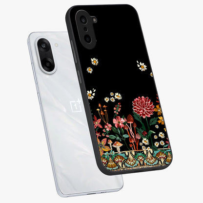 Midnight Bloom Pattern Glass Case for 1+Nord CE 5 angled mockup showcasing glossy finish and rich bloom detailing