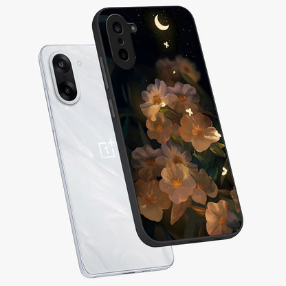 Midnight Bloom Trail Glass Case for 1+Nord CE 5 angled mockup showcasing glossy finish and luminous bloom accents