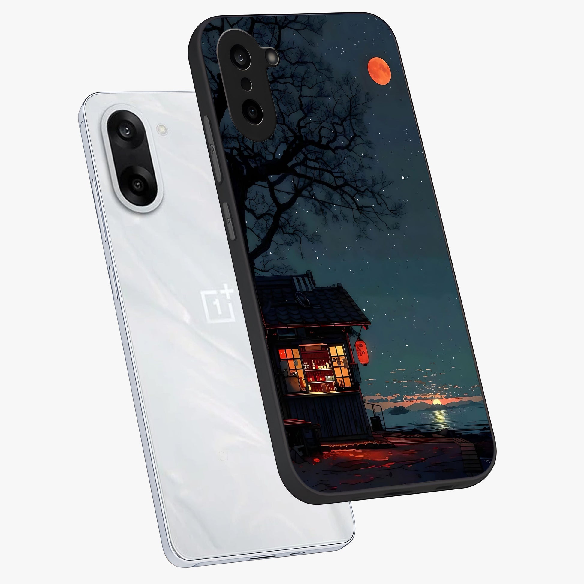 Midnight Lantern Glow Glass Case for 1+Nord CE 5 angled mockup showcasing glossy finish and warm luminous tones