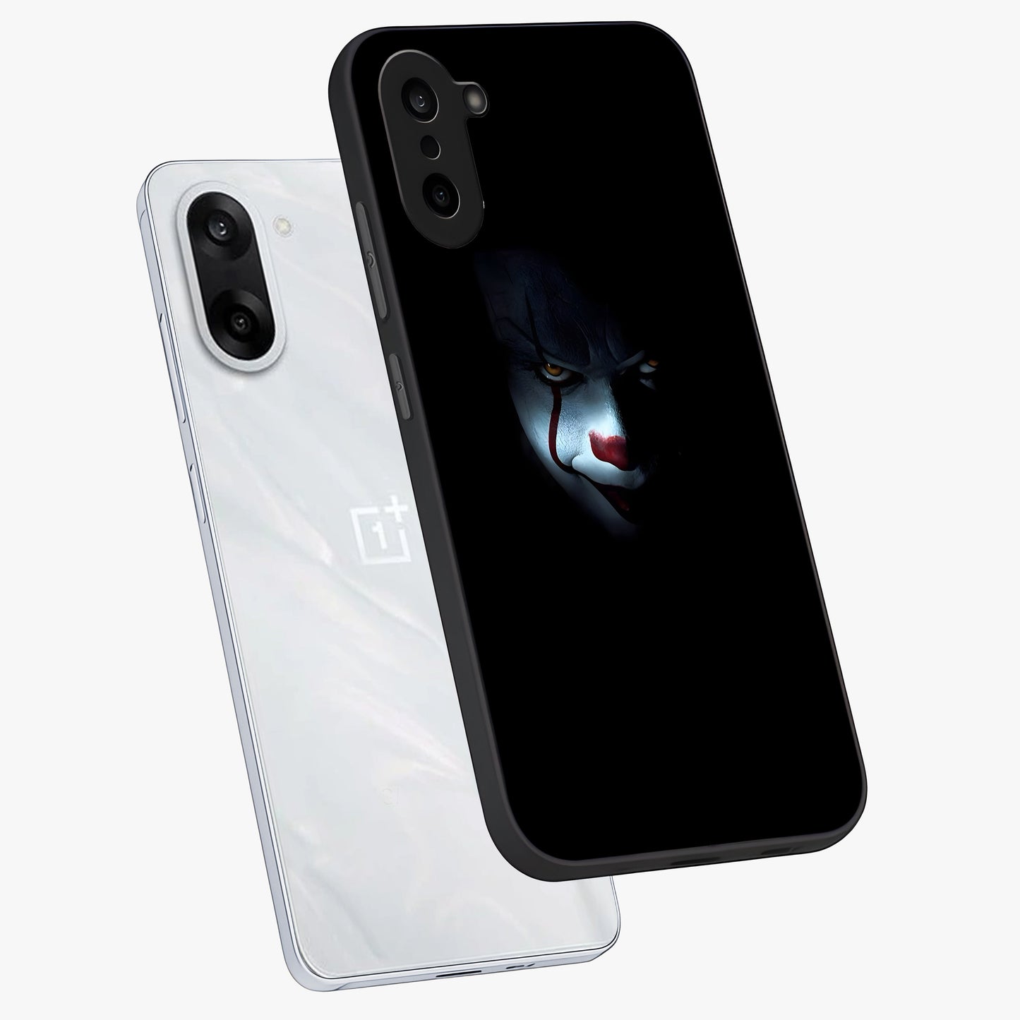 Midnight Madness Smile Glass Case for 1+Nord CE 5 angled mockup showcasing glossy finish and dramatic detailing